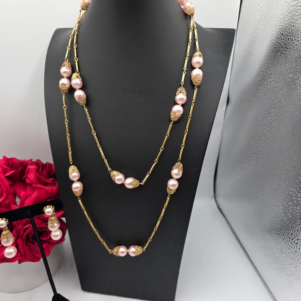 Tammey Jewels Vintage Pink Faux‎ Pearl Filigree Necklace and Clip Earring Set